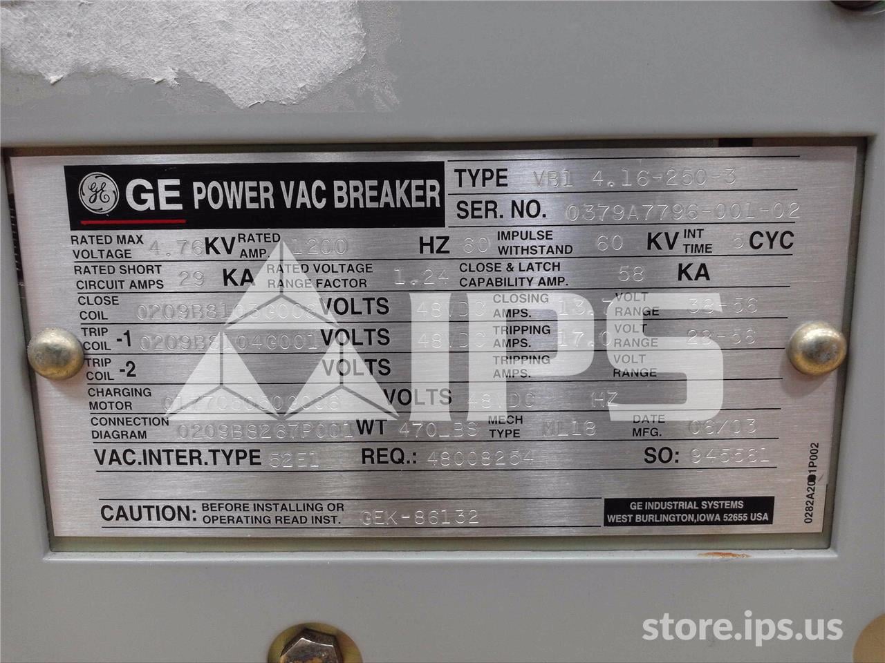 1200 Amps GE Vb1 4.16-250-3 Ml-18 (vb1 4.16-250) 48 Volts DC Control, 29k Amps Sc, Bottle# 52e1 - Image 2