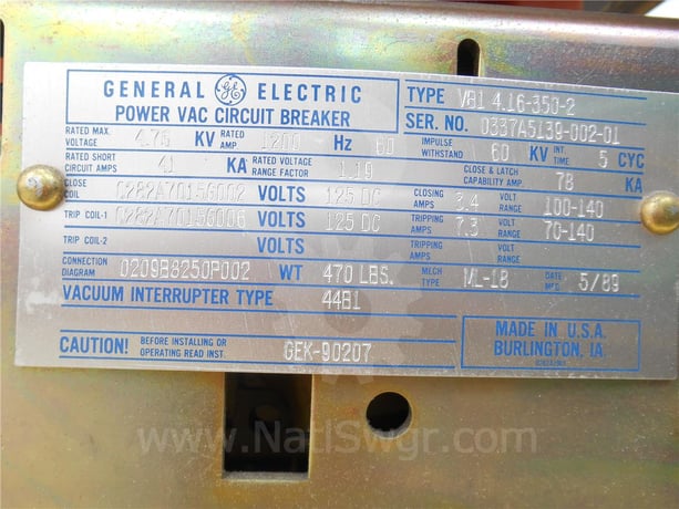1200 Amps GE Vb1 4.16-350-2 Ml-18 (vb1 4.16-350) Parts Unit, 125 Volts DC Control, 41k Amps Sc, Bottle# 44b1 - Image 6