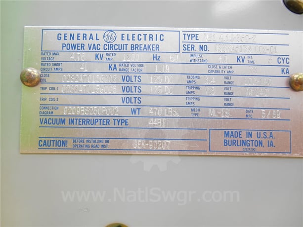1200 Amps GE Vb1 4.16-350-2 Ml-18 (vb1 4.16-350) Parts Unit, 125 Volts DC Control, 41k Amps Sc, Bottle# 44b1 - Image 7