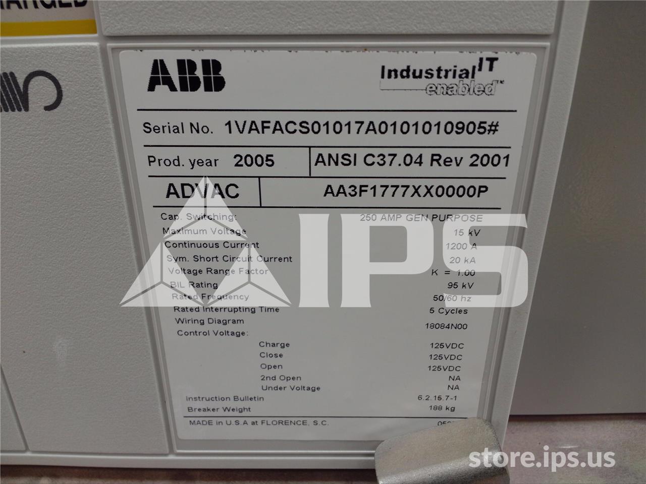 1200 Amps ABB Advac Aa3f1777xx0000p Model 3 (advac Model 3) 125 Volts DC Control, 20k Amps Sc - Image 4