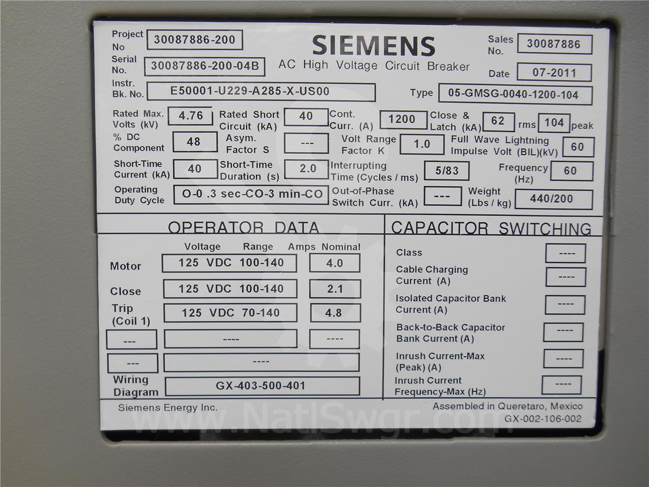 1200 Amps Sa 05-gmsg (05gmsg) 125 Volts DC Control, Bottle# Vs17041 - Image 6