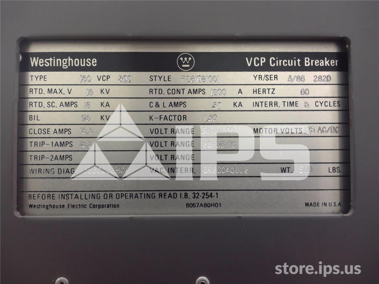 1200 Amps WH 150vcp 500 (150vcp 500) 125 Volts DC Charge, 48 Volts DC Close/trip, 18k Amps Sc, Bottle# - Image 2
