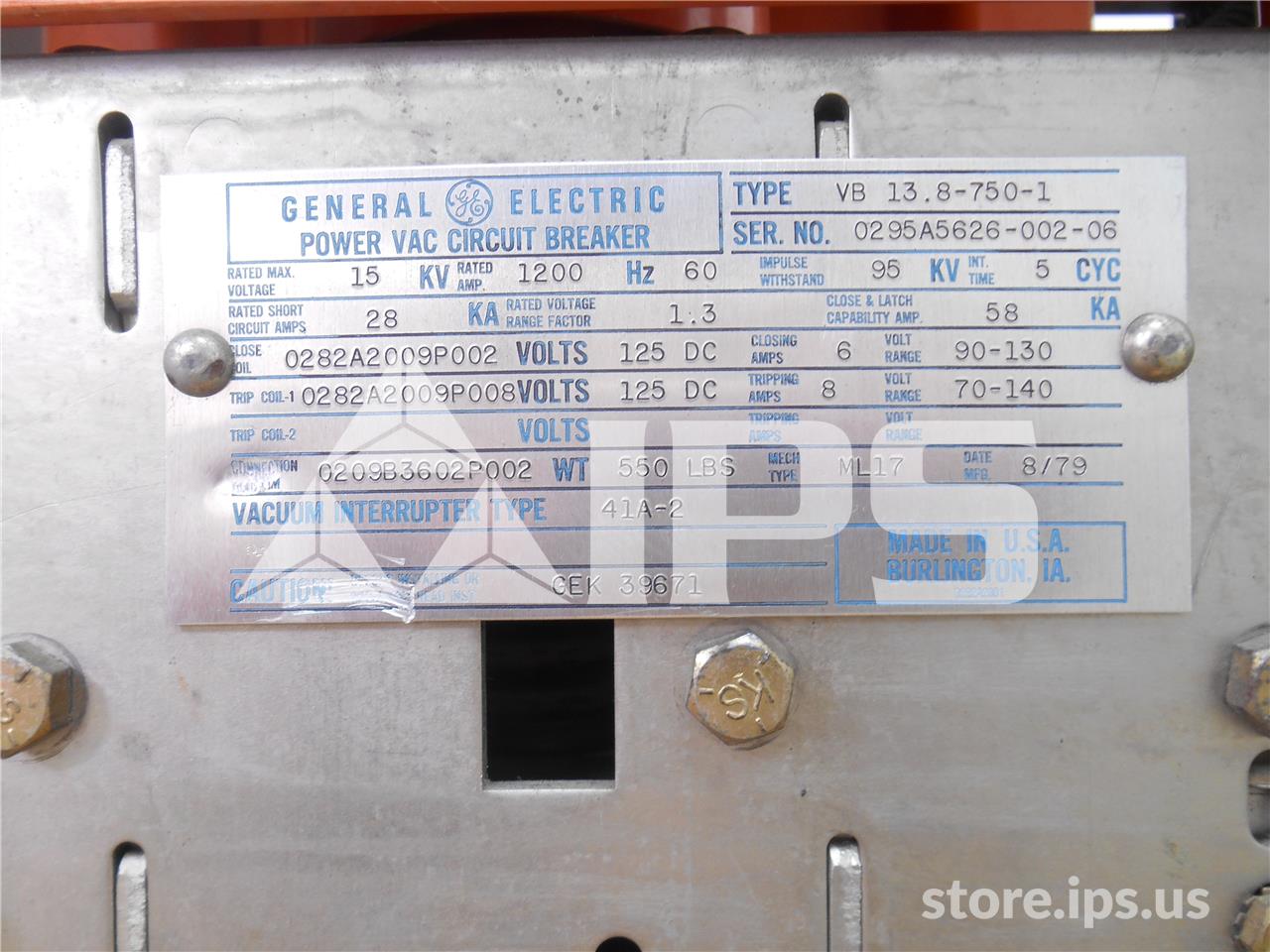 1200 Amps GE Vb 13.8-750-1 Ml-17 (vb 13.8-750) 125 Volts DC Control, 28k Amps Sc, Bottle# 41a2 - Image 2