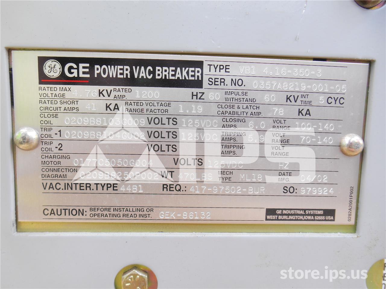 1200 Amps GE Vb1 4.16-350-3 Ml-18 (vb1 4.16-350) Parts Unit, 125 Volts DC Control, 41k Amps Sc, Bottle# 44b1 - Image 2
