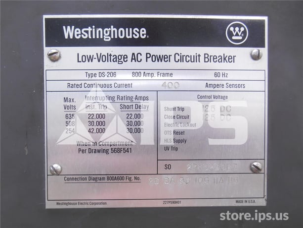800 Amps WH Ds-206 Eo/do 125 Volts DC Control, Amptector I Lig, 400 Amps Ct - Image 3