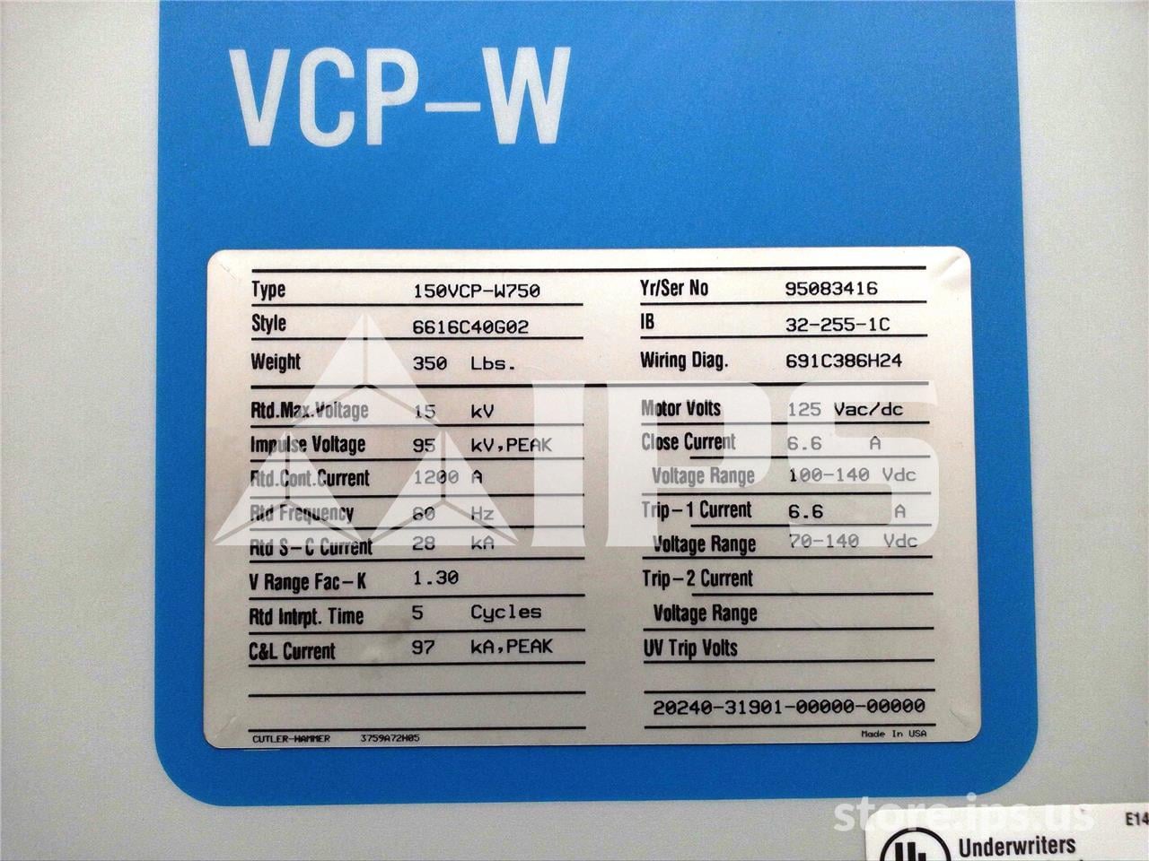 1200 Amps WH 150vcp-w 750 (150vcp-w 750) 125 Volts DC Control, 28k Amps Sc, Bottle# Wl34854b - Image 5