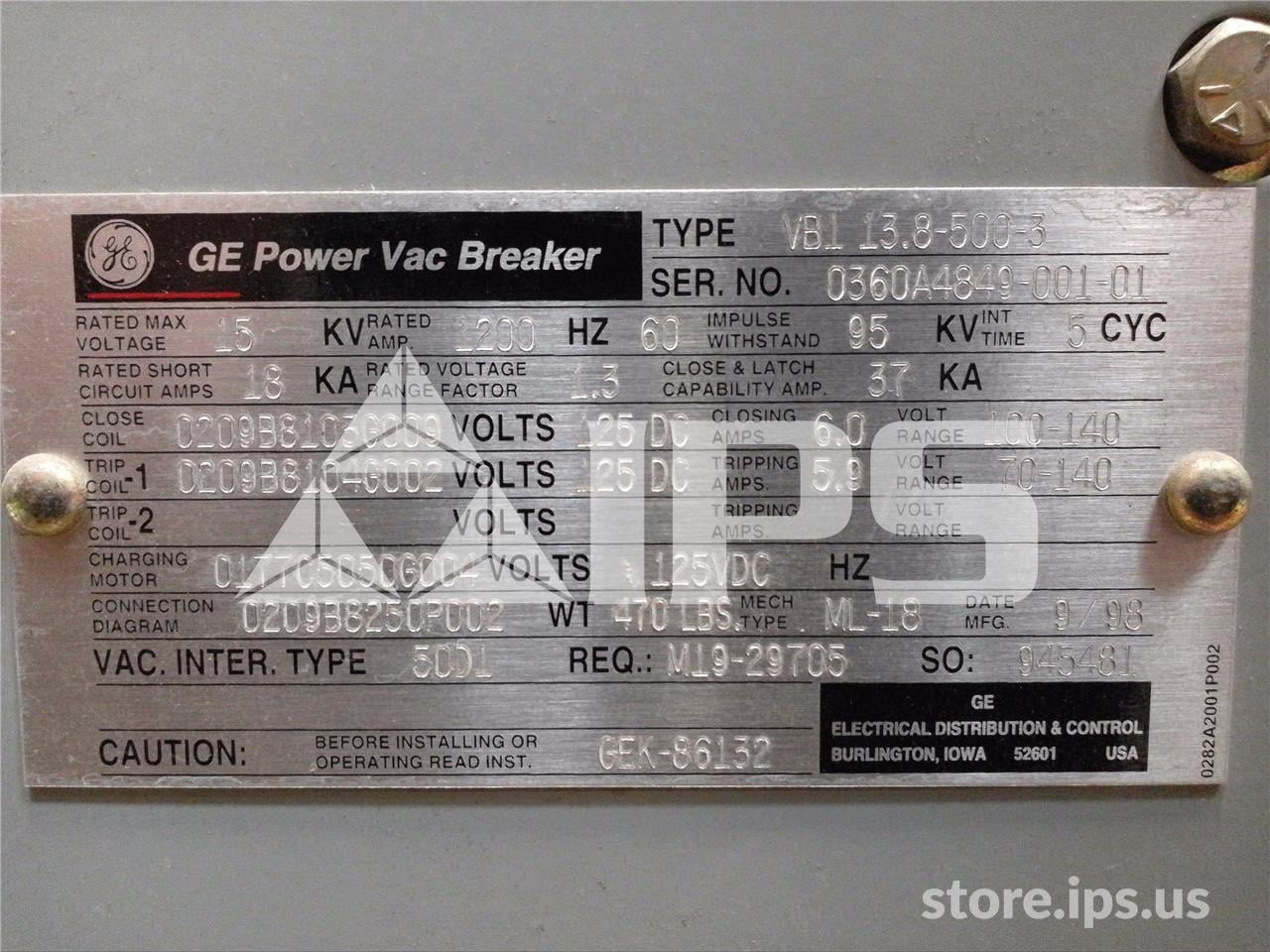 1200 Amps GE Vb1 13.8-500-3 Ml-18 (vb1 13.8-500) 125 Volts DC Control, 18k Amps Sc, Bottle# 50d1 - Image 5