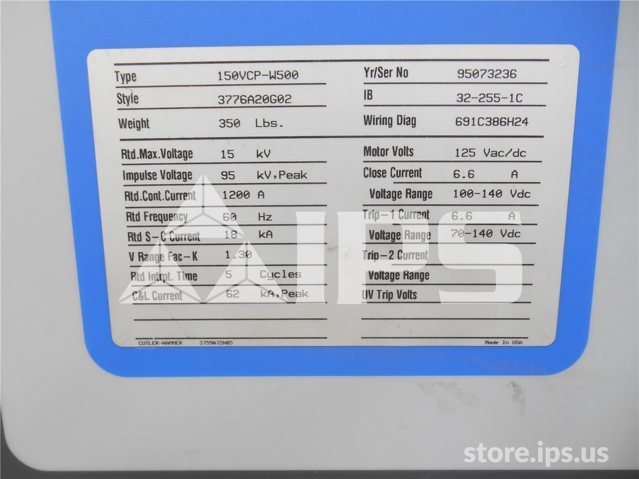 1200 Amps WH 150vcp-w 500 (150vcp-w 500) 125 Volts DC Control, 18k Amps Sc, Bottle# Wl34535b - Image 3
