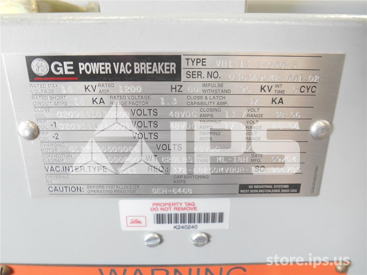 1200 Amps GE Vb1 13.8-500-3 Ml-18h Vertical Lift Unused Surplus (vb1 13.8-500) 48 Volts DC Control, 18k Amps - Image 2