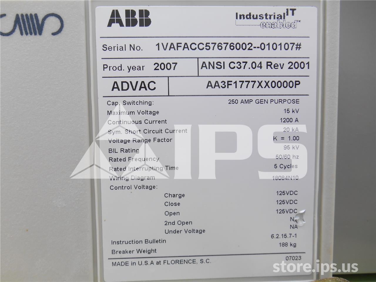 1200 Amps ABB Advac Aa3f1777xx0000p Model 3 (advac Model 3) 125 Volts DC Control, 20k Amps Sc - Image 2