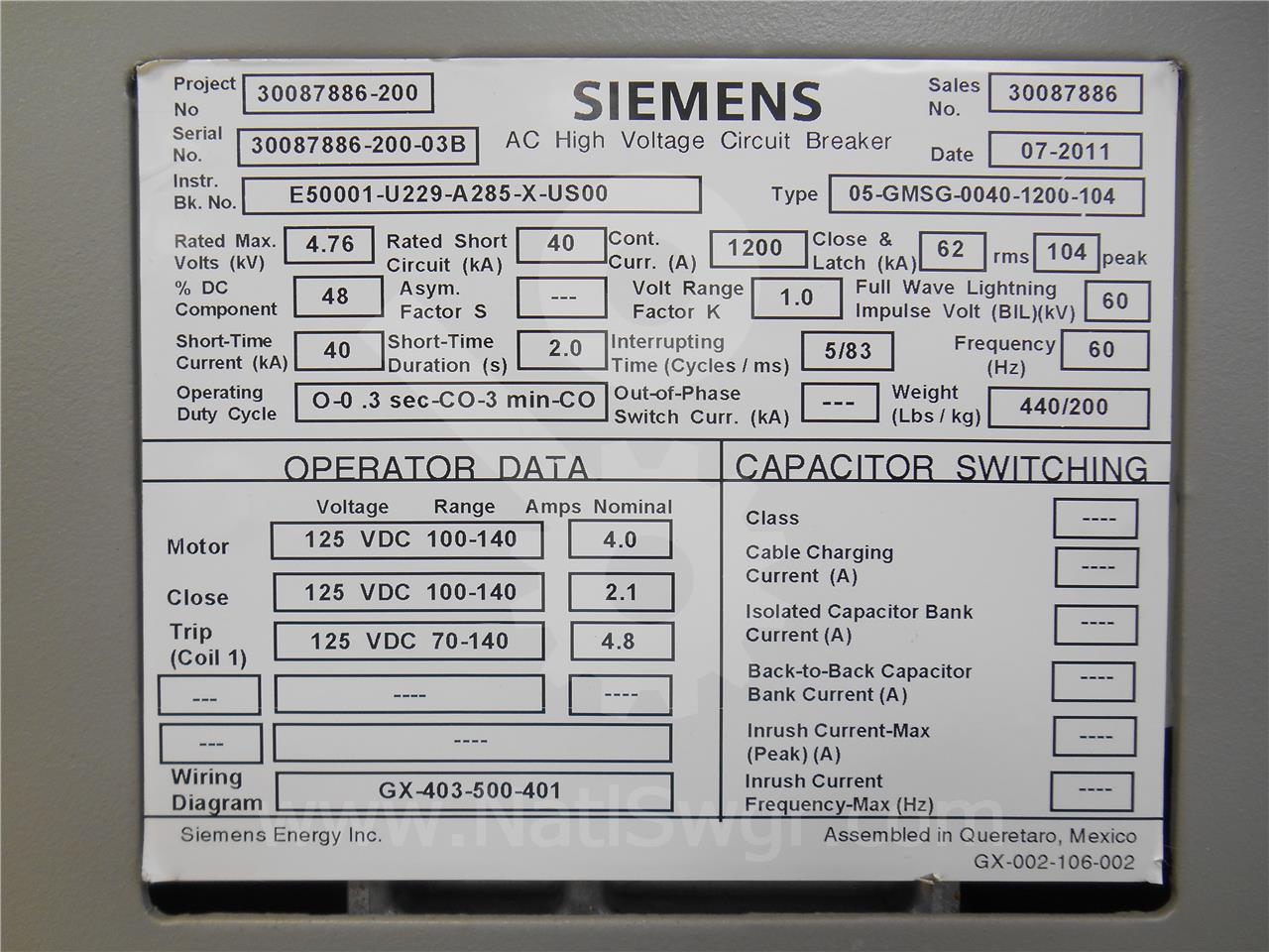 1200 Amps Sa 05-gmsg (05gmsg) 125 Volts DC Control, Bottle# Vs17041 - Image 6