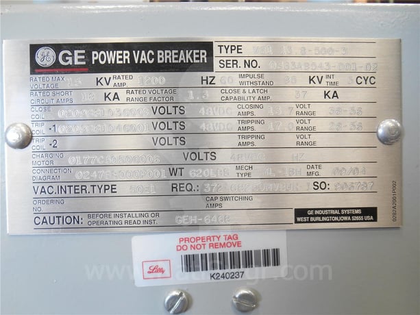 1200 Amps GE Vb1 13.8-500-3 Ml-18h Vertical Lift Unused Surplus (vb1 13.8-500) 48 Volts DC Control, 18k Amps - Image 2