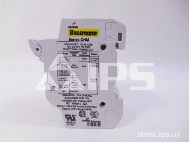 Bussman Chm 30 Amps Midget Fuse Holder 3 Pole, 600v, Din Rail Mount - Image 2