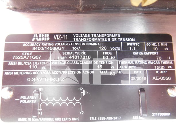 ABB 70:1 Viz-11 Voltage Transformer Unused Surplus 15kv, 110 KV Bil, 8400:120, Single Fuse - Image 3