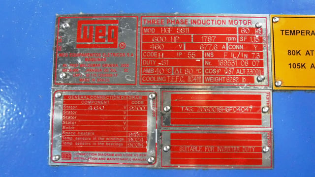600 HP 1800 RPM Weg, Frame 5811, TEFC BB, 460 Volts, New Surplus - Image 2