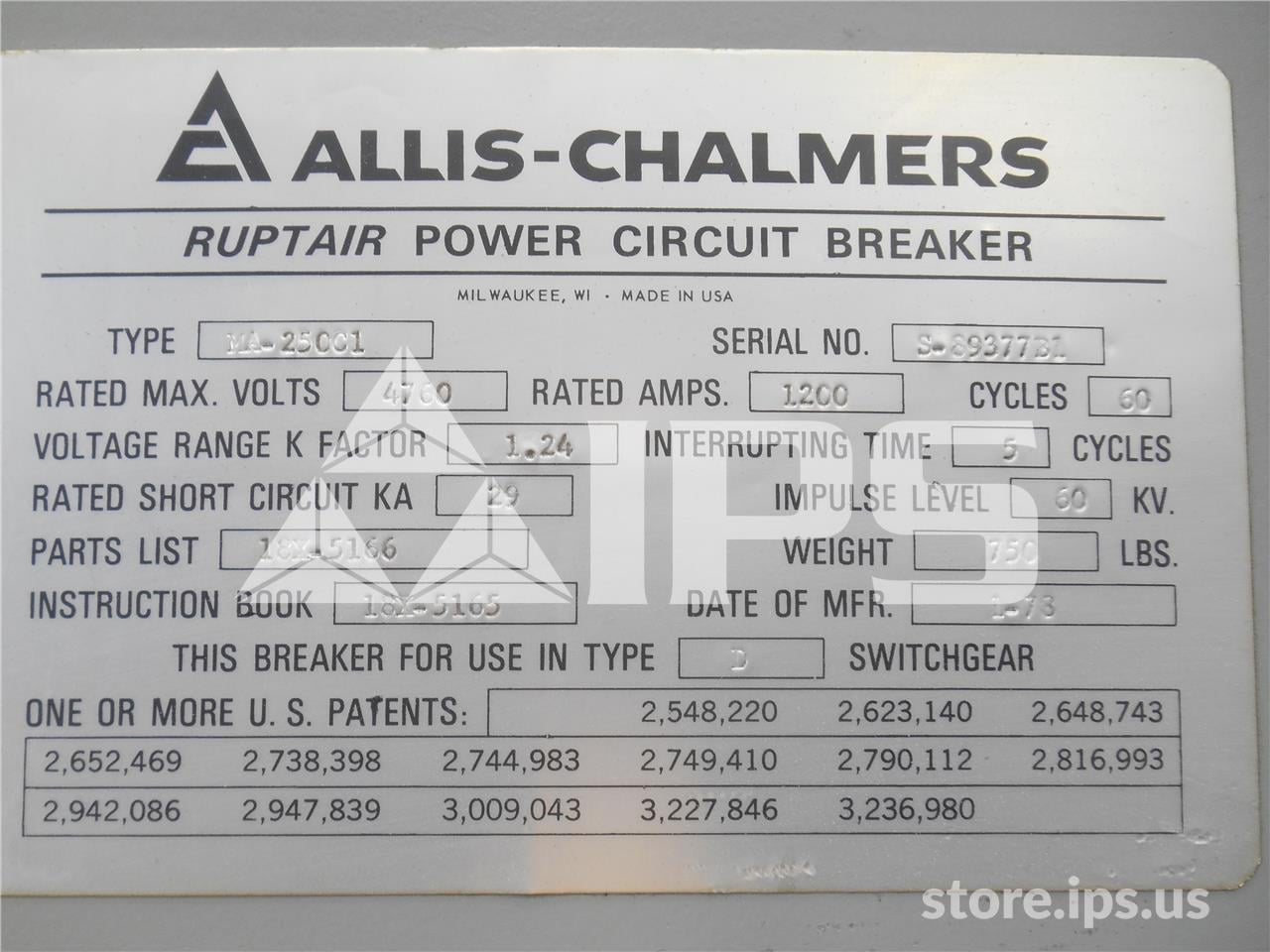 1200 Amps AC Ruptair Ma-250c1 (ma) 125 Volts DC Control, 515-1 Mech - Image 3