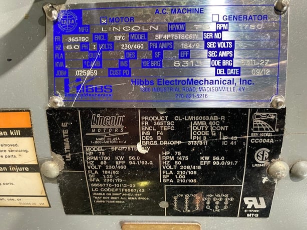 75 HP 1780 RPM Lincoln Heavy Duty, Frame 365TSC 230/460 Volts - Image 2