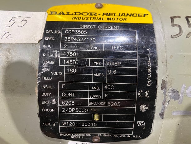 2 HP 1750 RPM Baldor, Frame 145TC 180 Volts - Image 2