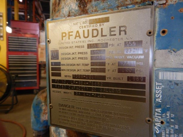 20 gallon Pfaudler, 316L Stainless Steel reactor, 150 psi/fv internal, 100 psi jacket - Image 10