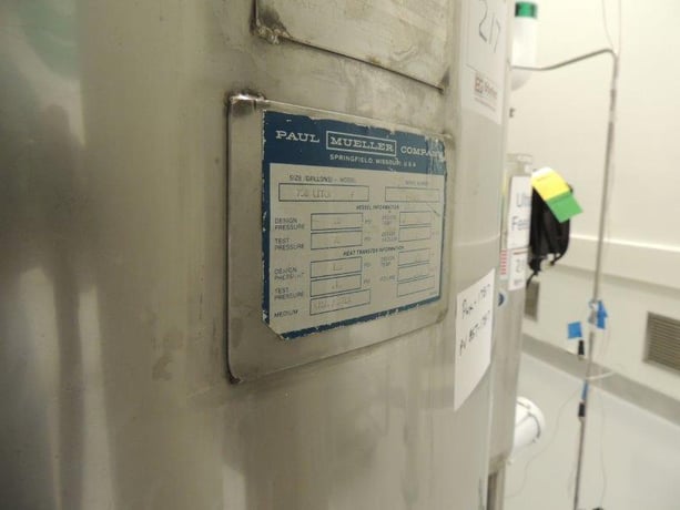 180 gallon Mueller, 750 liter 316L Stainless Steel jacketed pressure vessel, 50/125 psi, 1983 - Image 4