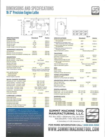 16"/25" x 80" Summit #16-3X80, 20-2000 RPM, inch/metric, 10" chuck, 3" hole, D1-8 Camlock spindle, taper - Image 3