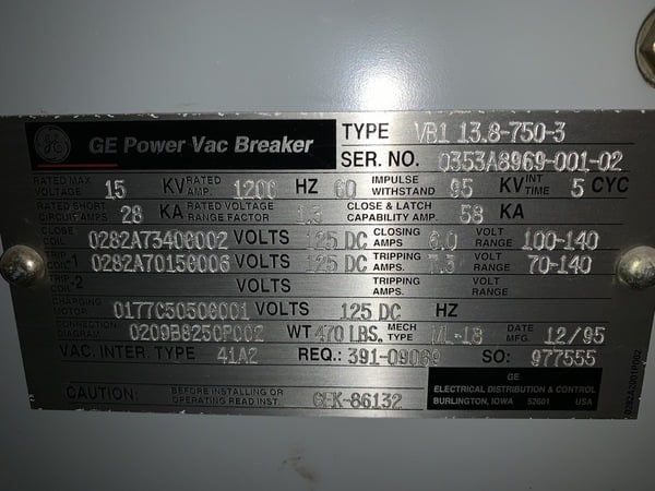General Electric PowerVac #VB1-13.8-750-3, 15 KV, 1200 amp main with distribution switchgear lineup - Image 3