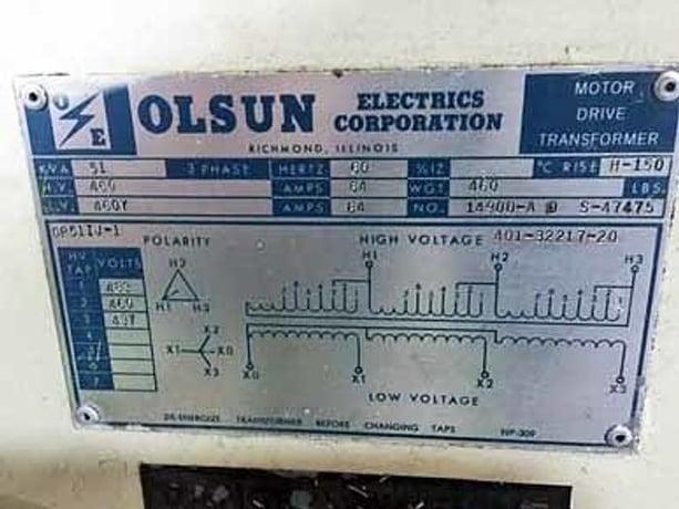 51 KVA 460 Primary, 460Y Secondary, Olsun, Motor Drive Transformer, 64 Amps - Image 1