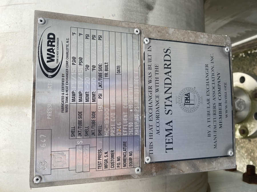 440 sq.ft., 150 psi/fv, Ward Tank & Heat Exchanger Corp, unused surplus heat exchanger; nb: 4647; sn: - Image 3