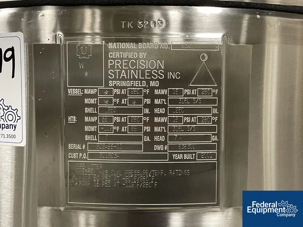 50/65 psi, Precision, Integrated Biosystems Cryovessel, 125 liter, 316L Stainless Steel, 20" x 30", 50/65# - Image 2
