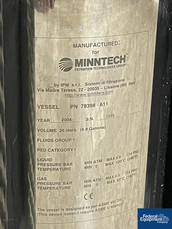 6.8 gallon Minntech Vessel, Stainless Steel, 26 liter, 8" x 23", 14 psi @ 248°F, 2004 - Image 2