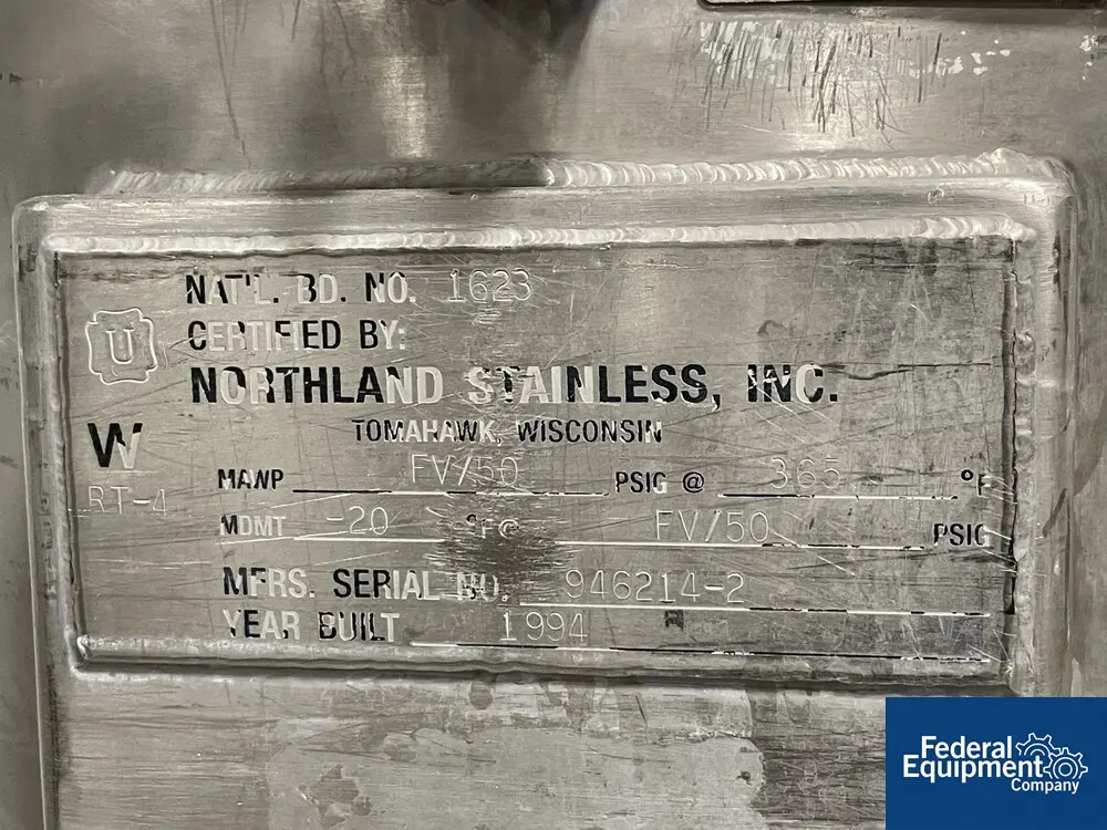 30 gallon Northland, receiver tank, Stainless Steel, 22" x 20", 50 psi at 365 f, 1994 - Image 2