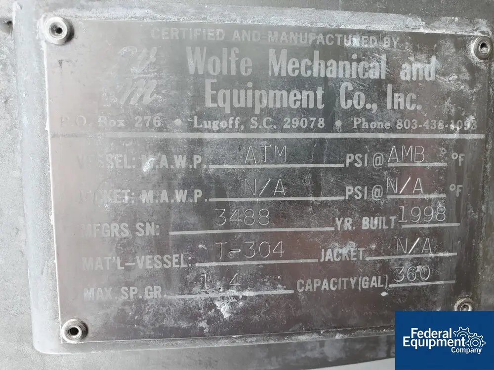360 gallon Wolfe Mechanical, mixing tank, 304 Stainless Steel, 42" x 66", 3 hp, 230/460 volt, 4 baffles, 1998 - Image 2