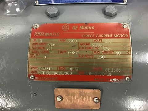 10 HP 3500 RPM General Electric, Frame CD218ATD, DPFG, shunt wound, 250 VA - Image 2