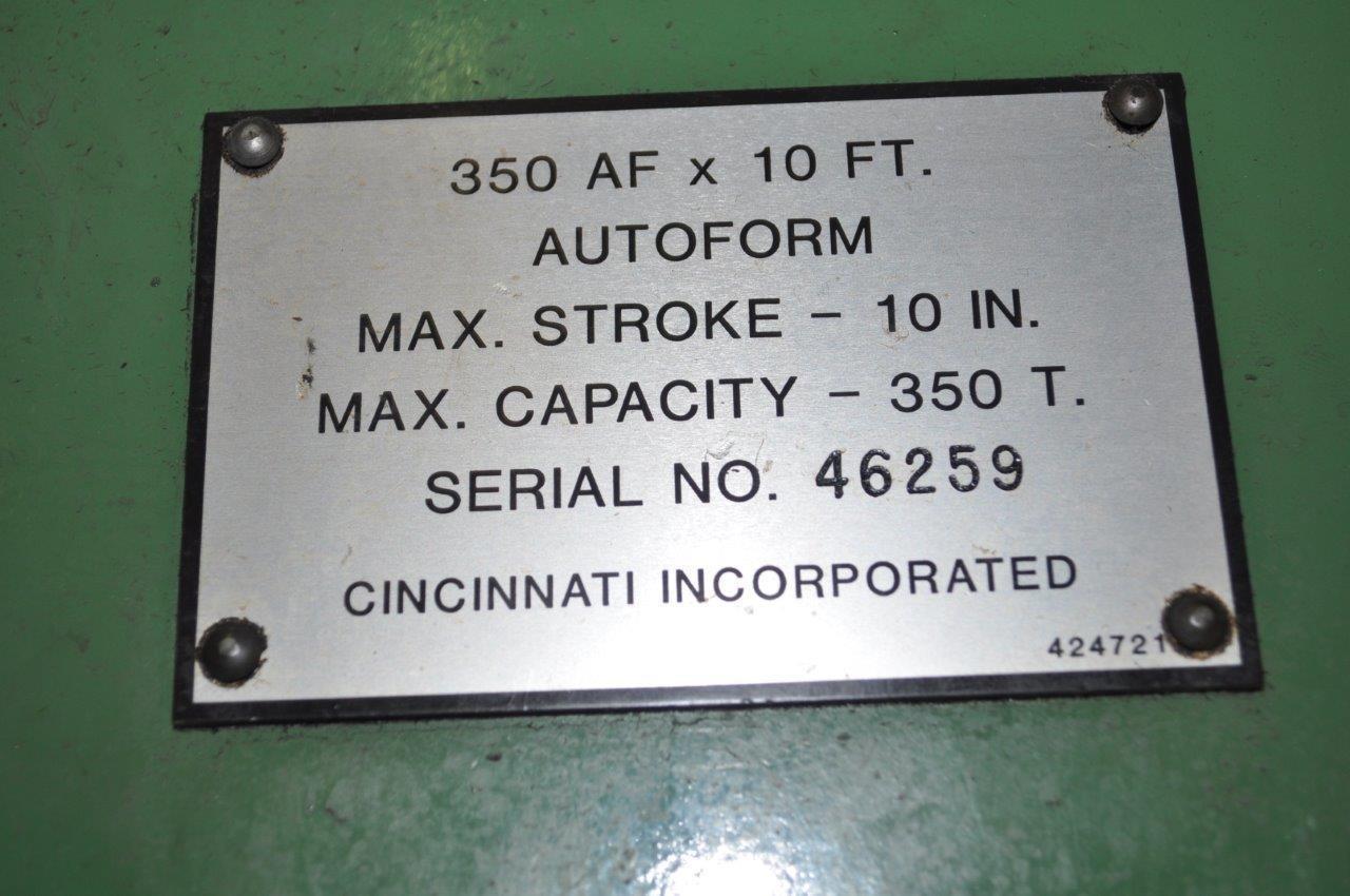 350 Ton, Cincinnati #350AF10, hydraulic press brake, 12' overall, 126" between housing, 10" stroke, 18" DL - Image 10