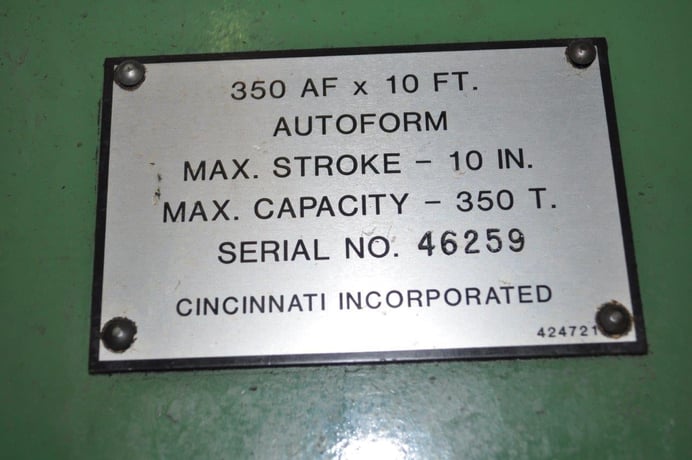 350 Ton, Cincinnati #350AF10, 12' overall, 10" stroke, 18" daylight, 126" between housing, 10" throat, foot - Image 10