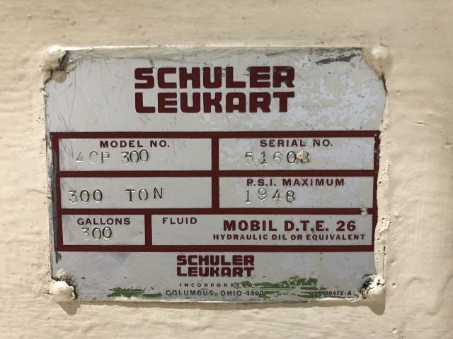 300 Ton, Schuler #4-CP-300, 4-post, 6" stroke, 20" daylight, 74" x 52" bed, AB SLC, floor standing - Image 9