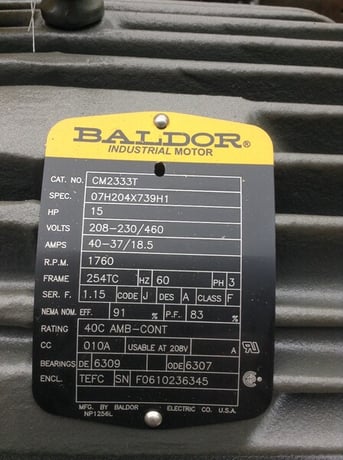 15 HP 1760 RPM Baldor, Frame 254TC, TEFC, new surplus, 230/460 Volts - Image 1