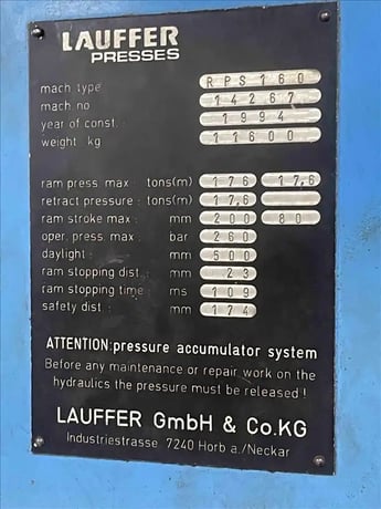 176 Ton, Lauffer #RPS160, hydraulic straight side press, 7.9" stroke, 19.7" daylight, S43011 - Image 10