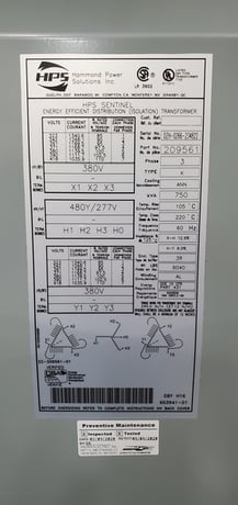 750 KVA 480Y/277 Primary, 380 Delta Secondary, Hammond, dry, 3R, taps 2+4-, AL wound - Image 1