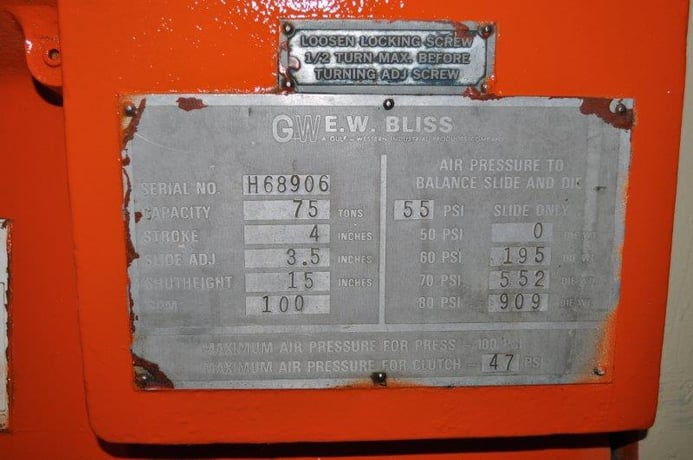 75 Ton, Bliss #C75, 4" stroke, 15" Shut Height, 3.5" adj., 35-70 SPM, 36" x24"bed, air clutch & brake, 1974 - Image 8