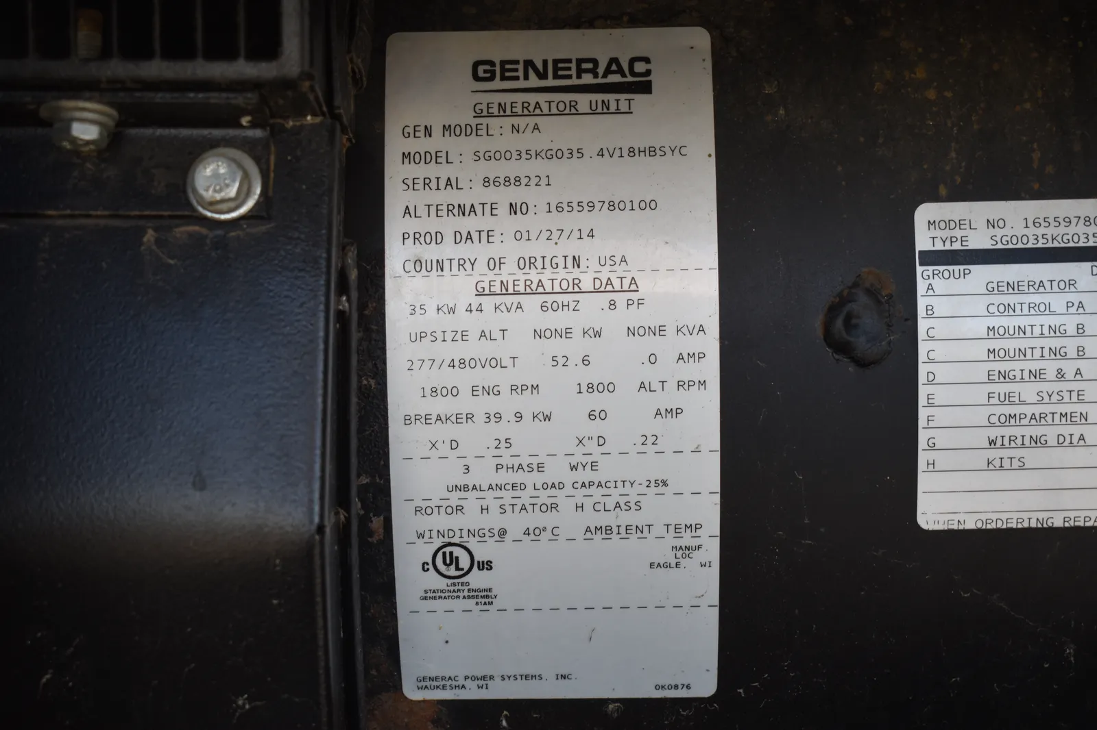 35 KW Generac, Natural gas generator, 277/480 Volts, #89020 - Image 6