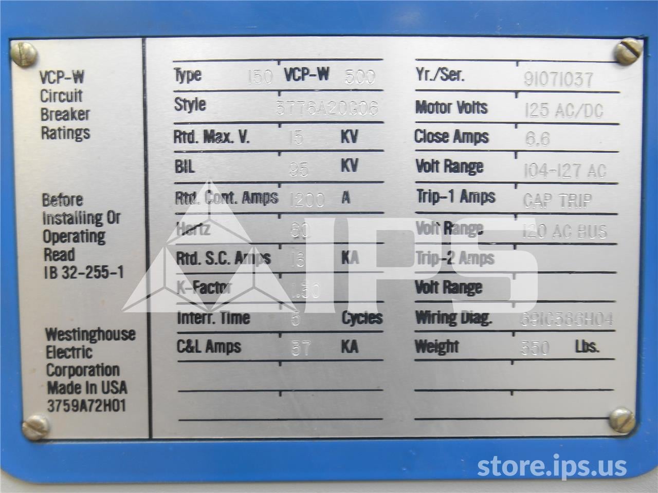1200 Amps Ch 150vcp-w 500 (150vcp-w 500) 120 Volts AC Control, 18k Amps Sc, Bottle# Wl34535b - Image 3