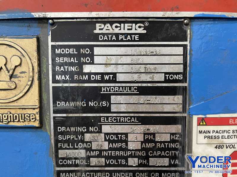 150 Ton, Pacific #150M-36-36, hydraulic press, 12" stroke, 36" x36" bed, 40 HP, #74794 - Image 7