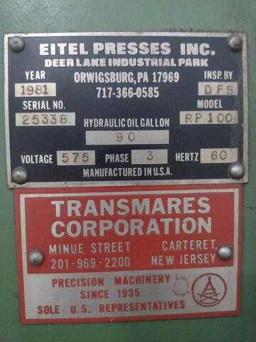 100 Ton, Eitel #RP100, 10" stroke, 38" daylight, 13.75" throat, 20 HP - Image 3