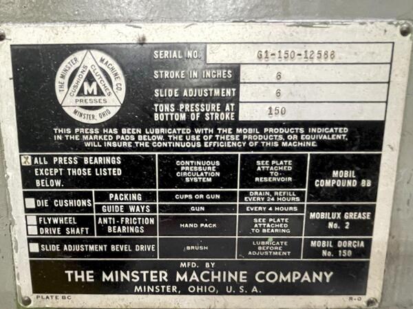 150 Ton, Minster #G1-150, OBI press, 6" stroke, 21" Shut Height, air clutch & brake, 40-80 VSPM - Image 5