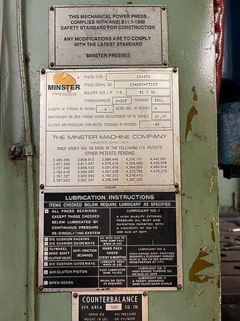 250 Ton, Minster #E2-250-72-36 Hevi-Stamper straight side press, 4" stroke, 25" Shut Height, air clutch, 1988 - Image 9