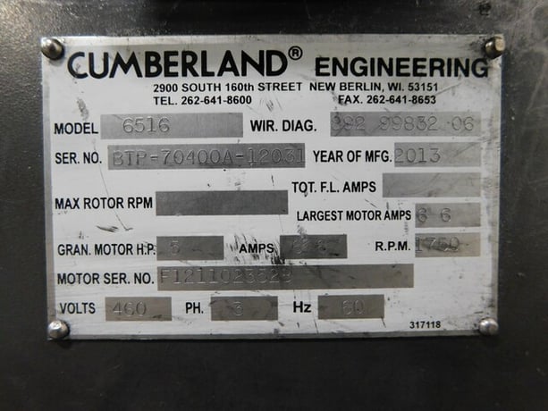 16" x 1/2" Cumberland #6516, granulator, 5 HP, 1750 RPM, 208-230/460 V., 3 phase - Image 10