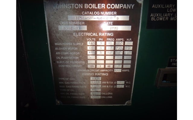 200 HP Johnston #PFTA-B200-4LG-200S, 150 psig, 3 phase, 460 Volts, natural gas, #2 Oil, 1994 (3 available) - Image 6
