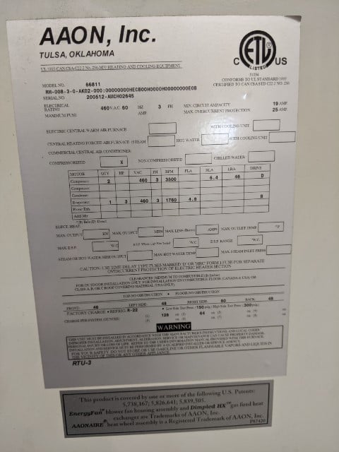 8 Ton, AAON #66711, 460VAC, 3500 RPM, 60hz., 3ph., 19 amp.min., 26 amp.max.overcurrent - Image 7