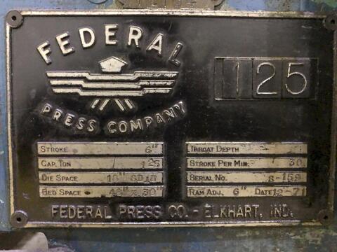 125 Ton, Federal #S2-125-48-30, straight side double crank, 6" stroke, 18" Shut Height, 6" adj., 30 SPM, 48" - Image 2